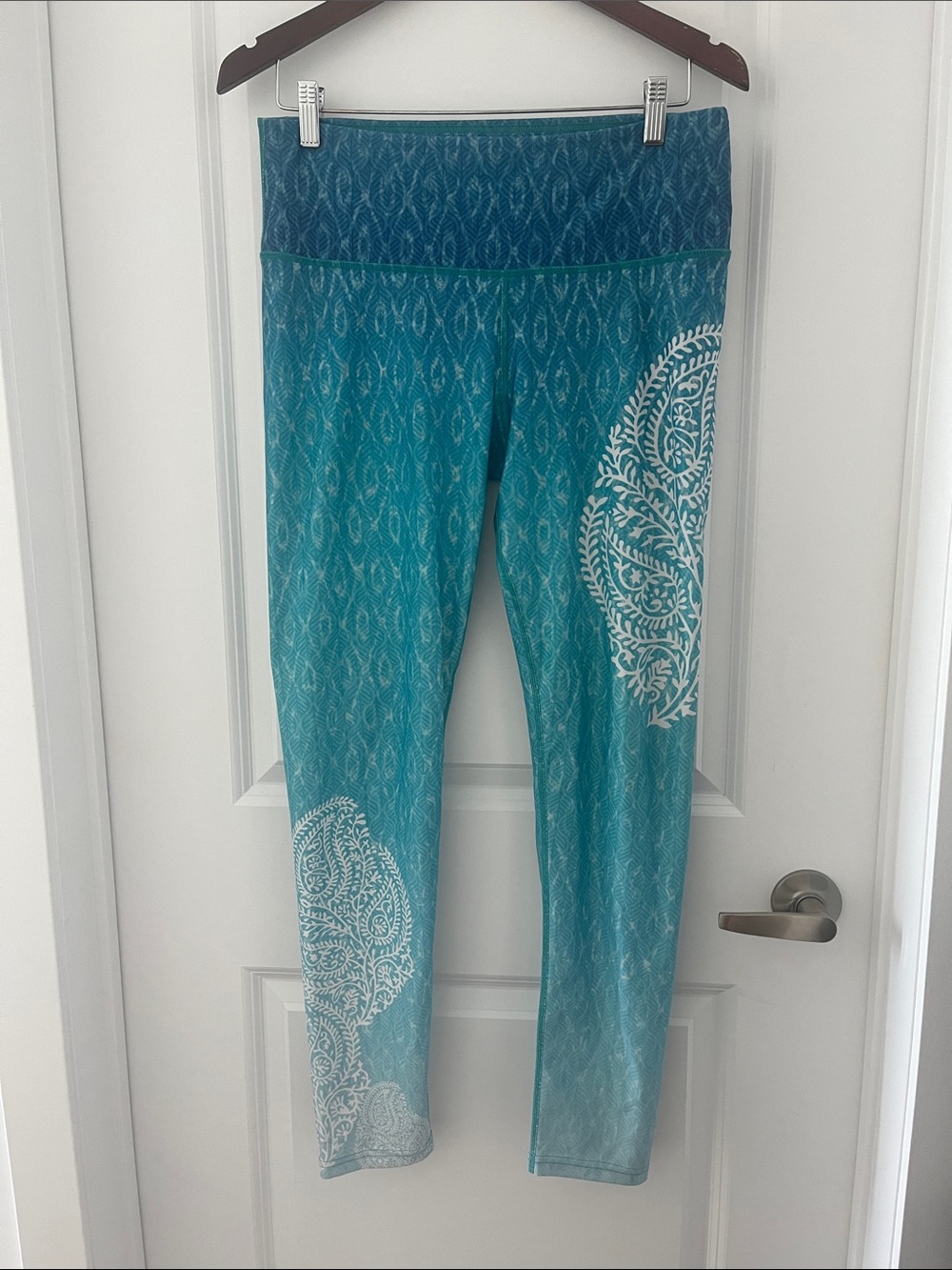 My Inner Fire Teal Ombre Yoga Leggings with White Paisley Print